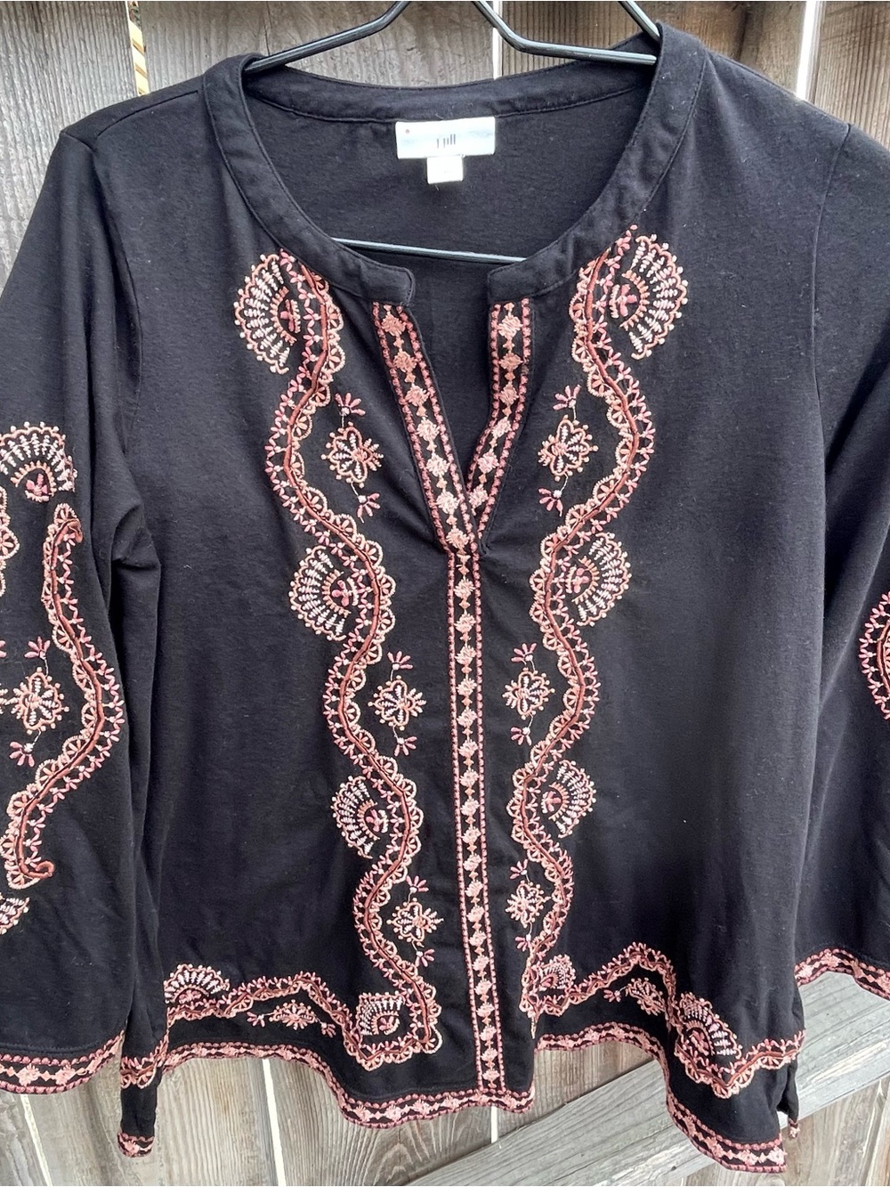 J. Jill Women’s Black Embroidered Boho Tunic Top V-Neck Sleeve Peasant Blouse